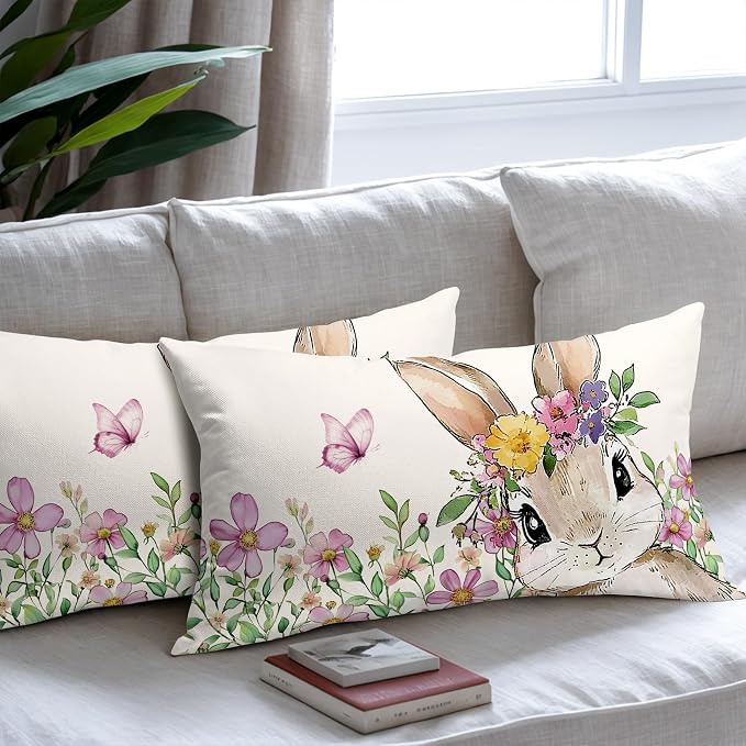 Spring Easter Bunny Lumbar Pillow Covers 12x20 Inch Set of 2 Pink Floral Leaf Rabbit Decorative Pillow Cases Outdoor Linen Square Cushion Cover Farmhouse Decor for Bedroom Home Sofa Couch Bed