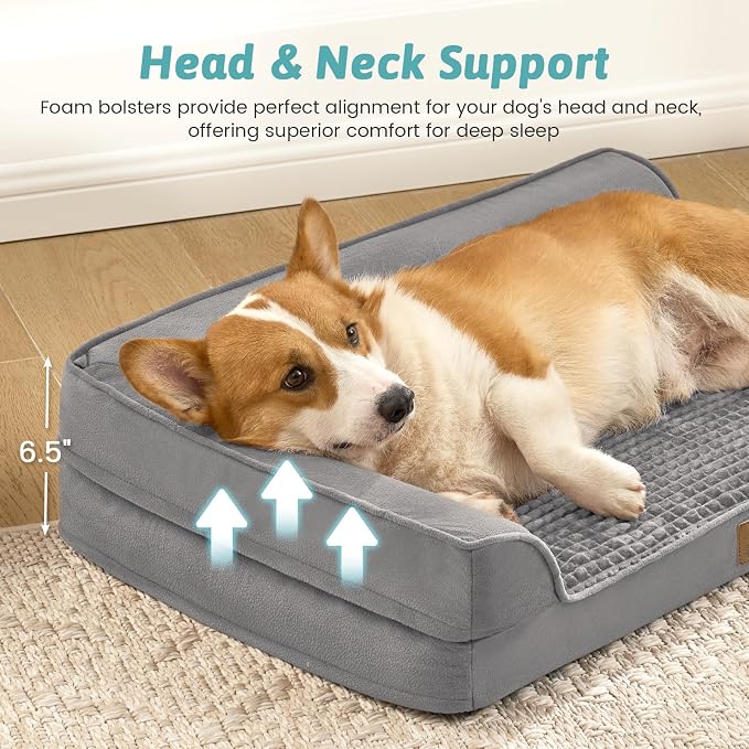 COZY KISS Orthopedic Dog Bed for Large Sized Dogs, L Shaped 36x27 inch | Non-Slip Bottom Soft Pet Sofa with Washable Removable Waterproof Cover, Egg-Crate Foam Couch with Portable Handle, Grey