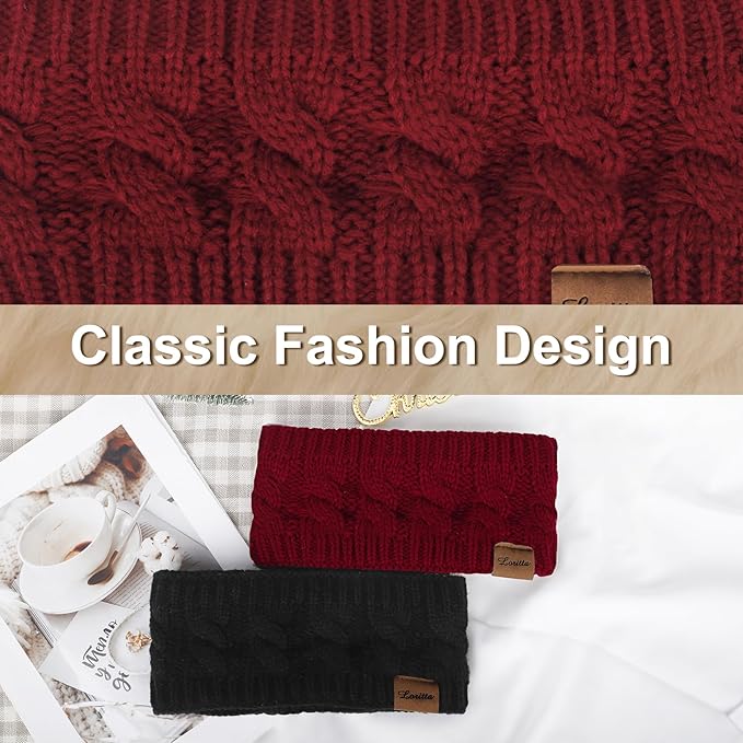 Loritta 2 Pack Headbands for Women Winter Warm Cable Knit Ear Warmer Thick Head Wrap Fuzzy Fleece Lined Gifts