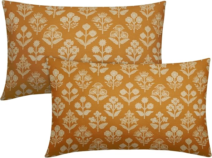 Mustard Yellow Pillow Covers 12x20 Inch Set of 2, Cream Floral Block Print Pattern Lumbar Decorative Throw Pillowcases Outdoor Farmhouse Rectangle Cushion Covers Spring Summer Sofa Couch Bed Decor