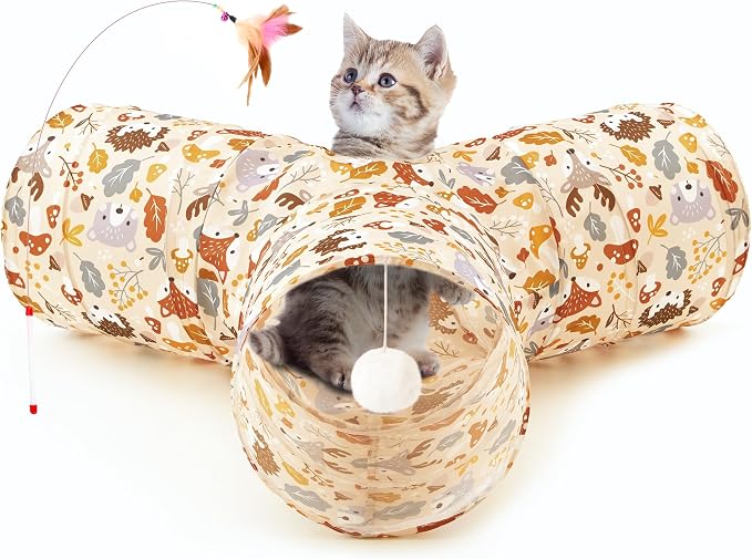 Tempcore Cat Tunnel, 3-Way Collapsible Toy for Indoor Cats, Beige Deer