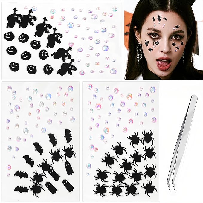 Halloween Black Face Stickers Gems for Makeup, 3 Sheets Spooky Spider Witch Bat Face Glitter Rhinestone jewels, Self Adhesive Face Eye Nail Body Gems Stick on for Boo Rave Festival Accessories