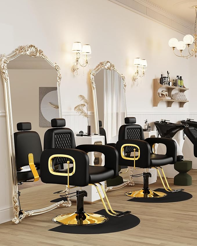 Baasha Black and Gold Reclining Salon Chair with Adjustable Headrest, Soft PU Leather, Hydraulic Styling Chair with Heavy-Duty Steel Frame, 440 lbs Capacity, Ideal for Hair Braiding, Tattoo