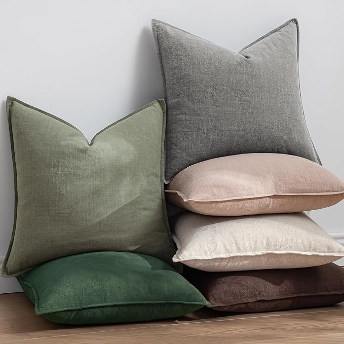 EMEMA Euro Sham Decorative Linen Throw Pillow Covers 24x24 Inch Green | Boho Farmhouse Neutral Couch Throw Pillows for Bed Pack of 2 Accent Pillowcase Modern Sofa Cushion Livingroom Home Decor