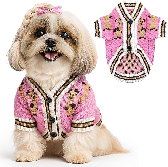 ABRRLO Small Dog Sweaters Cute Bear Dog Cardigans Clothes for Small Medium Dogs Boy Girl Puppy Cat Knitting Cardigan Outfits Dogs Winter Coats Warm Pet Doggy Clothes Soft Knitwear (Pink, Large)