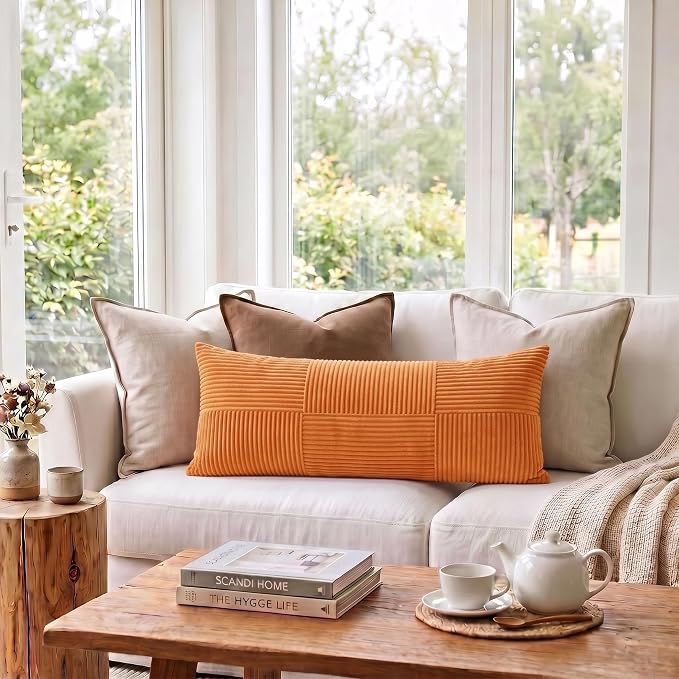 Fancy Homi Set of 1 Orange Boho Long Lumbar Body Decorative Throw Pillow Cover 21x54 Inch for Bed Couch Bedroom Bench, Soft Patchwork Corduroy Textured Pillow Case, Rustic Farmhouse Room Decor