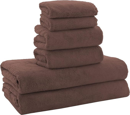 MOONQUEEN Ultra Soft Microfiber Coral Velvet Towel Set - Quick Drying, 2 Bath Towels, 2 Hand Towels, 2 Washcloths - Wood Brown, 6 Pcs