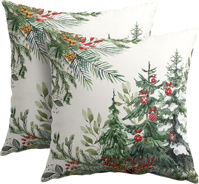 Kawani Christmas Trees Throw Pillow Covers 2pcs,22x22 Farmhouse Green Pine Tree Forest Snow Winter Holiday Cushion Case Decoration Linen Square Pillowcase for Bed Couch Indoor Home Decor