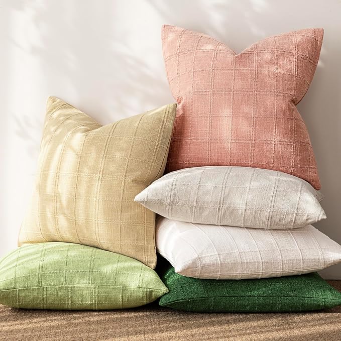 Foindtower Set of 2 Decorative Linen Check Throw Pillow Covers Neutral Farmhouse Vintage Cushion Covers Modern Boho Accent Home Decor for Sofa Chair Couch Bedroom Living Room,20×20 Inch,Coral Pink