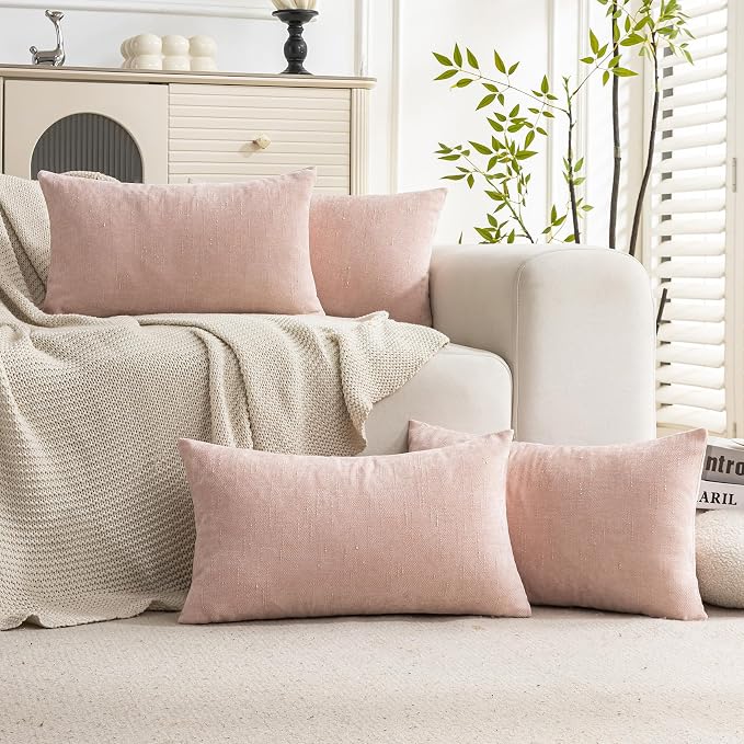 Set of 4 Soft Textured Decorative Throw Pillow Covers 12X20 Inch Cozy Farmhouse Cushion Cover Square Accent Pillow Cases for Bed Couch Sofa Living Room, Light Pink