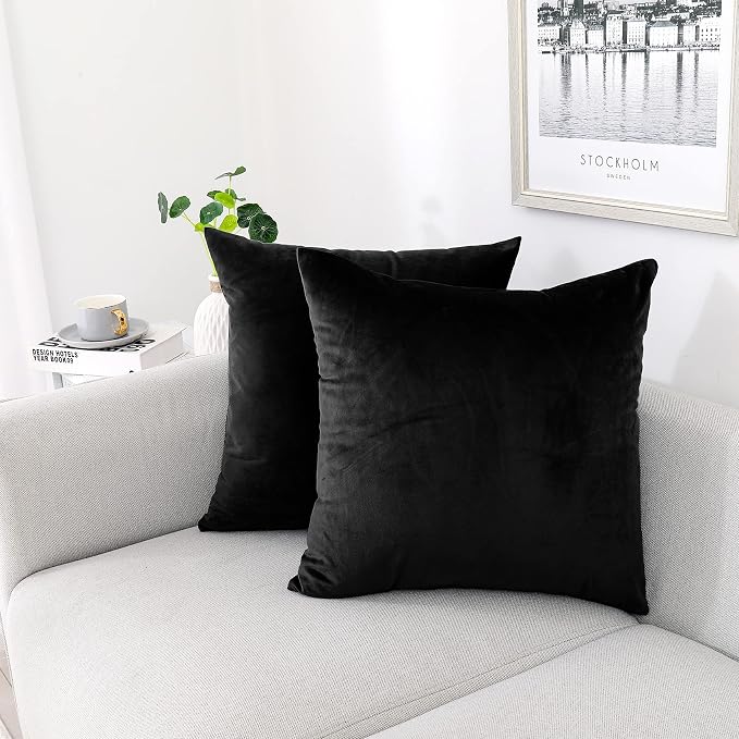 NiNi ALL Black Velvet Throw Pillow Covers 24x24 Pack of 2 Decorative Couch | Soft Solid Boho Cushion Squar Pillow Cases for Chair Sofa Bedroom Farmhouse Living room Modern Luxury Home Decor Halloween