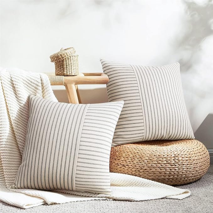 YCOLL Farmhouse Euro Sham Pillow Covers 24x24, Modern Throw Pillow Covers Set of 2, Gray and Beige Striped Patchwork Linen Decorative Pillows Cushion Covers for Bed Sofa Couch Living Room Home Decor