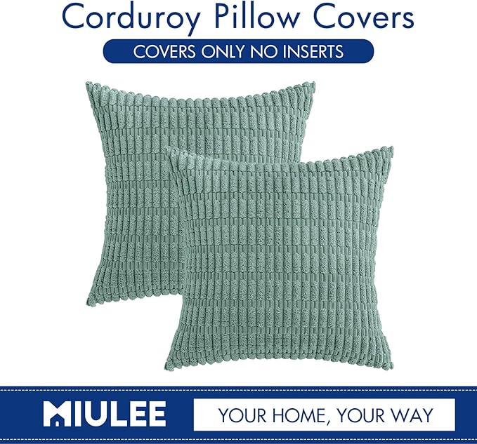MIULEE Corduroy Decorative Throw Pillow Covers 16x16 Teal Green Pack of 2 | Soft Boho Striped Pillow Covers Modern Farmhouse Home Decor For Sofa Living Room Couch Bed