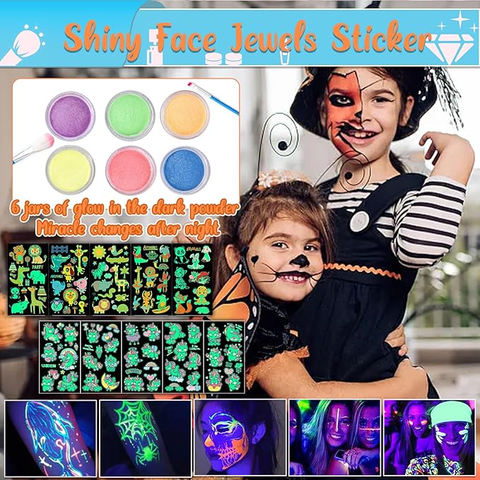 TEUVO Kids Glitter Tattoo Kit with 50 Colors Glitter Powder, 132 Stencils, 10 Luminous Sticker, 6 Glow-in-the-Dark Powder, Body Face Glitter Makeup Temporary Tattoos for Halloween Christmas Birthday