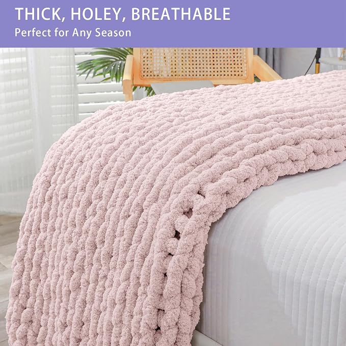 Bigacogo Chunky Knit Throw Blanket for Couch, 51x63 inches, Rose Tan | Hand Knit with Jumbo Chenille, Soft Breathable Cable Knit for Sofa Bed Living Room, Machine Washable, Gift for Mom Friend