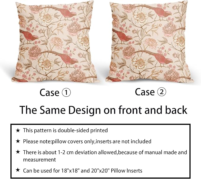 Pink White Roses Floral Pillow Covers 16X16 Inch Set of 2 Retro Flowers Birds Leaves Decorative Pillow Cases Art Vintage Cotton Linen Cushion Case Retro Home Decor for Sofa Couch Porch Outdoor