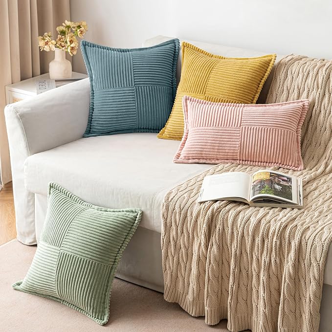 MIULEE Decorative Throw Pillow Covers for Couch 18x18 Inch Dusty Blue | 2 Pack, Boho Broadside Striped Patchwork Pillow Covers, Soft Corduroy Cushion Cases, For Sofa Bed Livingroom Home Decor