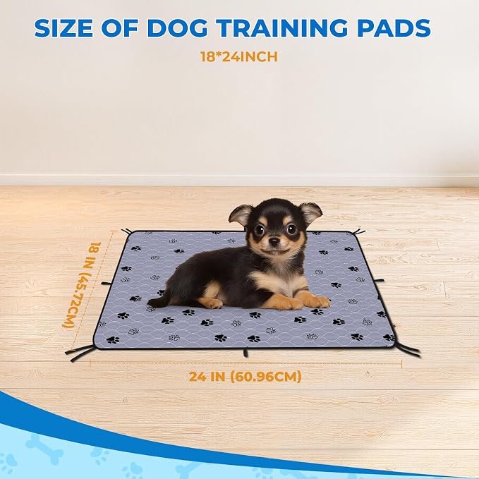 Fostanfly Washable Pee Pads for Dogs, Ultra-Absorbent, 18"x24"-4 Pack, Gray | Leak-Proof & Non-Slip, Reusable Potty Training Pads for Puppy, Playpen, Crate & Furniture With 8 Tie Straps