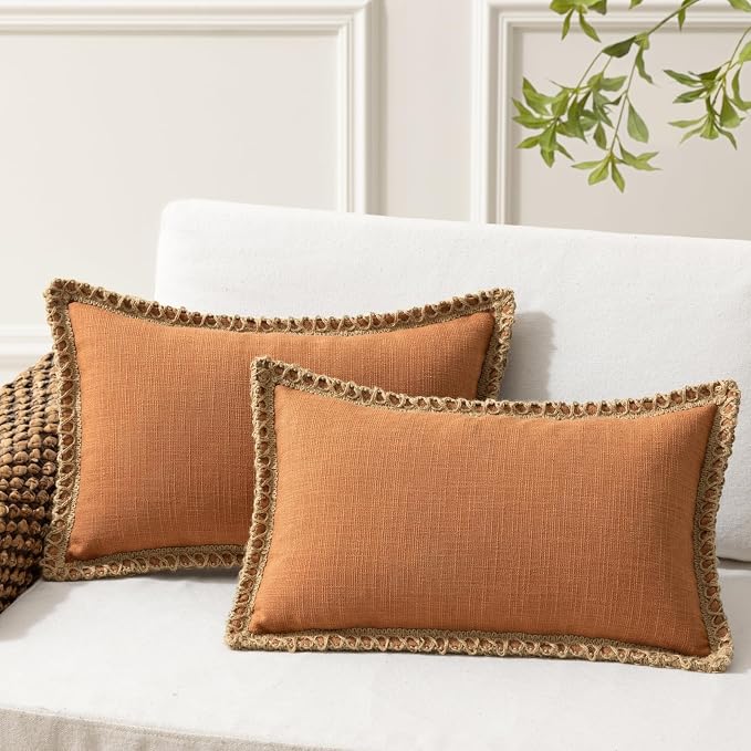 Phantoscope Pack of 2 Farmhouse Decorative Solid Throw Decorative Pillow Cover Burlap Linen Trimmed Tailored Edges Orange 12 x 20 inches, 30 x 50 cm