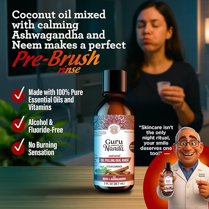 GuruNanda Cinnamon Oil Pulling Travel Sized Mouthwash, Promotes Calmness, with Neem & Ashwagandha for Fresh Breath & Happy Gums, Alcohol-Free, TSA-Friendly, 3 Oz