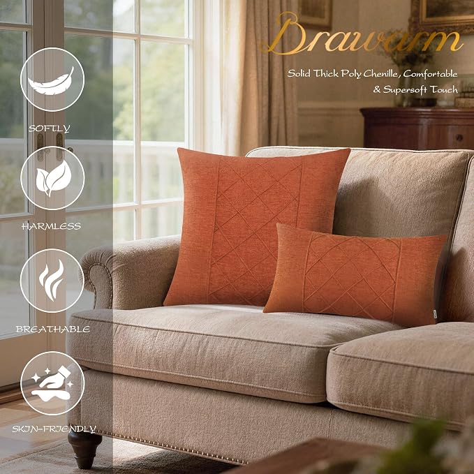 BRAWARM Chenille Throw Pillow Covers 20x20 Inches, Burnt Orange, 2 Pack | Decorative Pleated Pillow Covers, Soft Cushion Cases for Sofa Bed Living Room Home Farmhouse (No Insert)