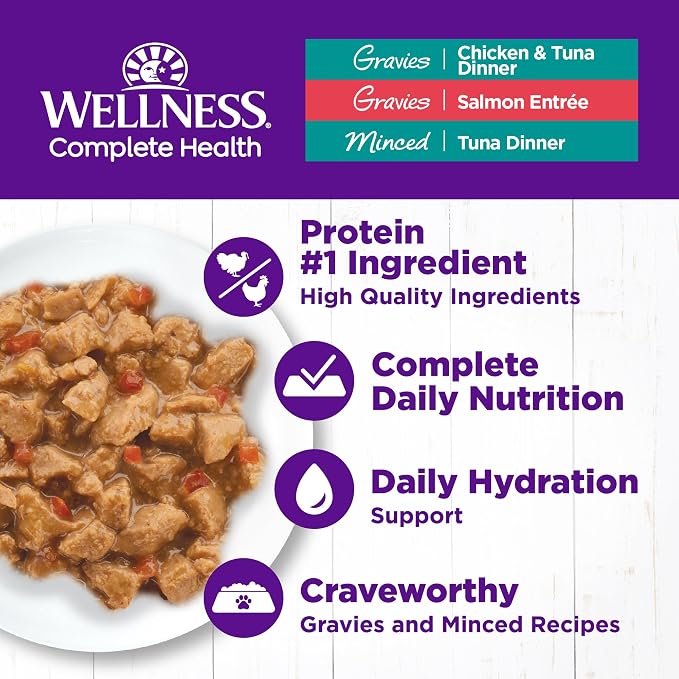 Wellness Complete Health Gravy and Minced Variety Pack Adult Canned Wet Cat Food, Natural, Protein Rich, Grain Free, Salmon, Tuna, and Chicken Recipes, 3 oz, Pack of 12 Cans