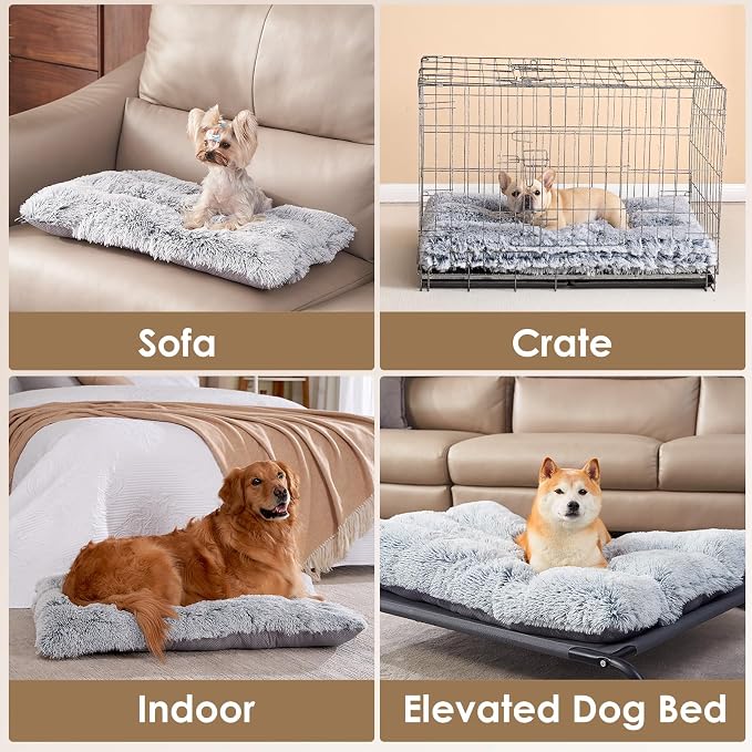 EHEYCIGA Fluffy Dog Crate Bed for Small Dogs, Plush Crate Pad, Grey | Calming Anti Anxiety Small Dog Bed, Washable Soft Warm Faux Fur Crate Mat with Non-Slip Bottom