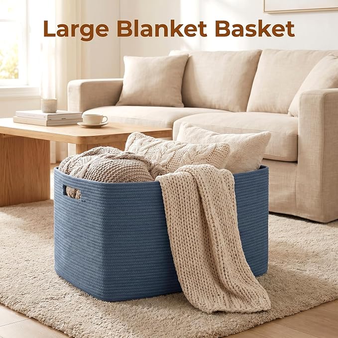 OIAHOMY 75L Large Blanket Basket, Woven Storage Basket with Handle, Cotton Rope Basket 22”x17”x12”,Blanket Basket Living Room, Toy Basket for Nursery, Blue