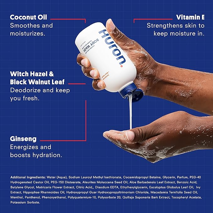 Huron Body Wash for Men and Women Hydrating Daily Cleanser with Sandalwood + Amber Scent, Moisturizing Shower Gel, non-toxic, Phthalate-Free Clean Ingredients for Men, 11.3 Fl oz