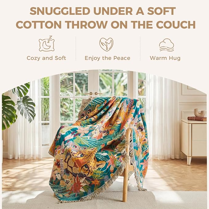 LUTBM Boho Throw Blanket for Bed 60"x80", All Season Cotton Couch Blankets | Reversible Leopard Jacquard, Gauze Twin Quilt, For Chair Sofa Living Room, Lightweight & Breathable, Whimsical Home Decor