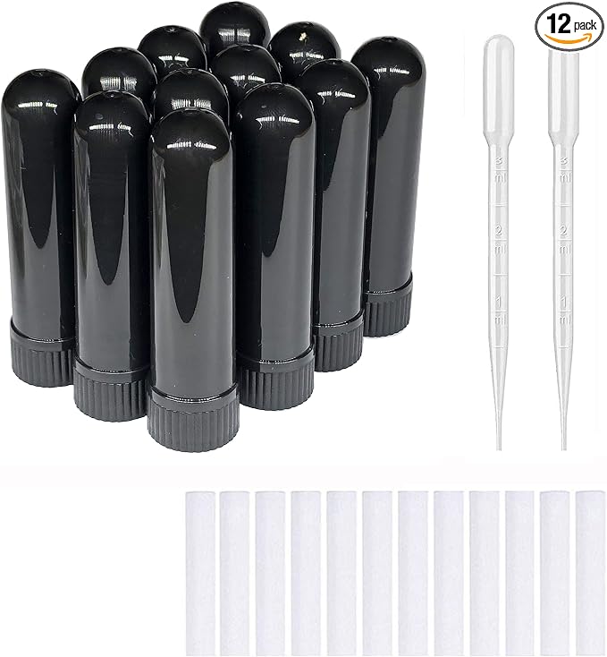 12PCS Essential Oil Aromatherapy Blank Nasal Inhaler Tubes (Includes 12 inhalers+12 unscented Wicks+2 Plastic Droppers)-Black.