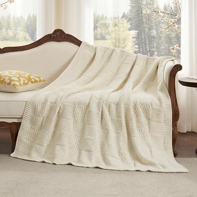Knit Throw Blanket, Soft Chenille Cozy Breathable Checkered Chunky Decorative Blanket for Couch, Bed & Sofa, French-Inspired Lightweight Warm Gift for Women, Ivory, 50"x60"