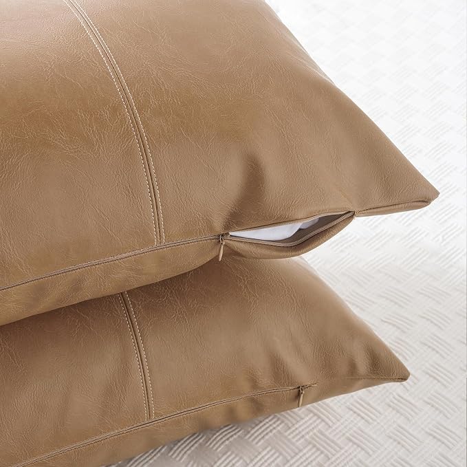 Fancy Homi Light Brown Boho Long Lumbar Faux Leather Decorative Throw Pillow Covers 14x36 Inch for Living Room Couch Bed Sofa, Hand Stitched Rectangle Cushion Case, Rustic Modern Farmhouse Home Decor