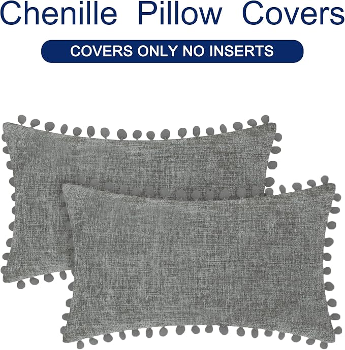 CaliTime Decorative Couch Throw Pillow Covers 20 X 12 Inches Medium Grey | Pack of 2, Cozy Chenille Cushion Cases, with Pom Poms for Sofa Bed Living Room Farmhouse Home