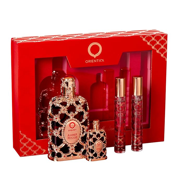 Orientica Luxury Collection Amber Rouge 4-Pc Gift Set Eau De Parfum - Woody, Amber, Saffron, Praline, Jasmine, Orange, Oak Moss, Seaweed - Arabic Perfume for Women - (2.7oz, 7.5ml & 2 X 10ml spray)