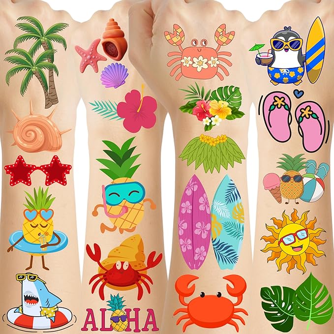 Summer Temporary Tattoos - 60Pcs Summer Party Decorations Gift Idea For Kids Youth Boy Girl Adult Beach Sea Summer Party Favors Accessories Aloha Party Supplies Hawaii Theme Luau Pool