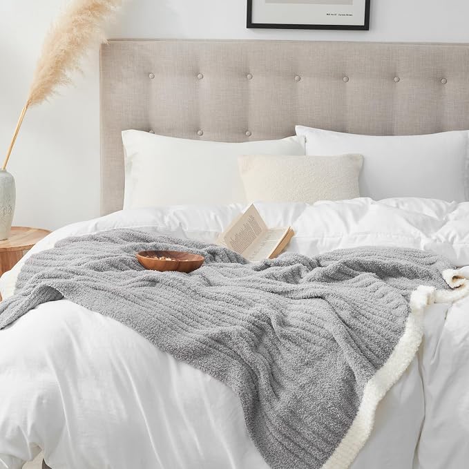 Snuggle Sac Soft Grey Throw Blanket for Couch, Microfiber Fluffy Knit Throws, Luxurious Fuzzy Blankets for Couch, Sofa, Travel, Grey, 50x60 inches