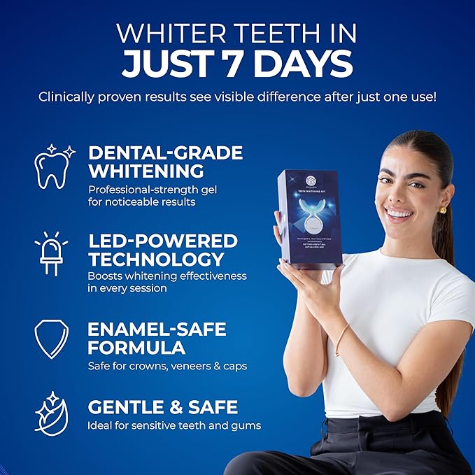 Euphauria Sensitive Teeth Whitening Kit with LED Light At Home, 12% Hydrogen Peroxide Teeth Whitening Gel Pen (Pack of 3), Enamel Safe, Rechargeable Wireless Red & Blue UV Whitening Spectrum with Case