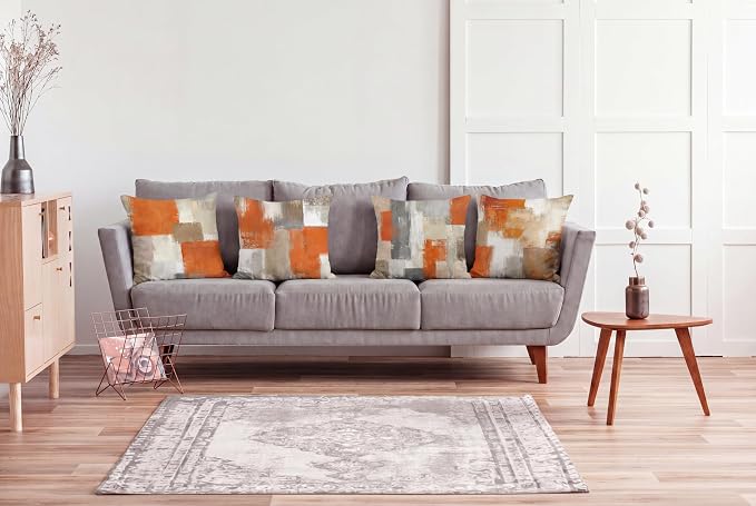Burnt Orange Modern Abstract Throw Pillow Covers 18x18 Set of 4 | Burnt Orange & Grey Geometric Cushion Cases, modern aesthetic pillowcases for sofa, bedroom & chair.