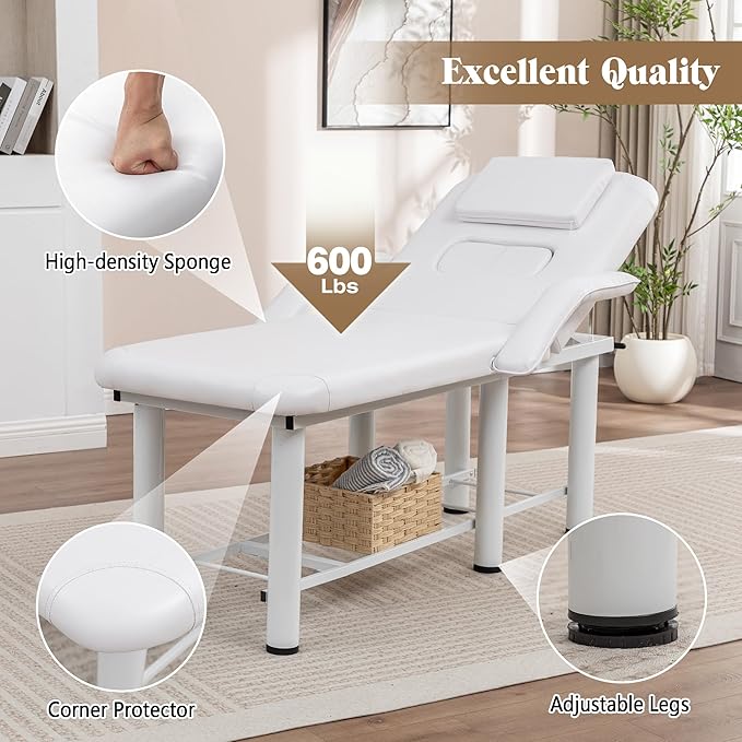 Professional Massage Bed with Armrests Stationary Adjustable Massage Table Spa Bed 73" x27” Physical Therapy Table with Memory Foam Salon Bed w/Removable Headrest White