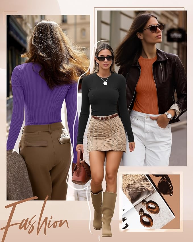 Ficerd 3 Pack Women's Ribbed Long Sleeve Tops, Crew Neck Slim Fit Undershirts Knit Basic Casual Stretch Layering Tee Shirts
