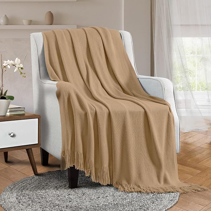 Vonty Light Brown Knitted Throw Blanket with Tassels Fringe, 60x80 Acrylic | Super Soft And Lightweight, Year-Round Cozy Warmth, Farmhouse Decorative Style, Machine Washable, for Couch, Sofa or Bed