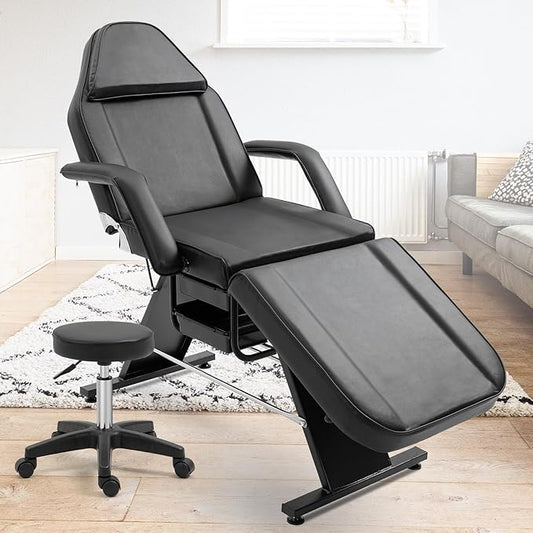 Massage Salon Tattoo Chair with Two Trays， Esthetician Bed with Hydraulic Stool,Multi-Purpose 3-Section Facial Bed Table, Adjustable Beauty Barber Spa Beauty Equipment (Black, Wide)