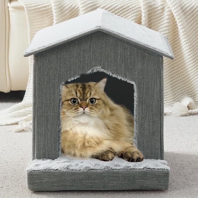 Cat Beds for Indoor Cats,Cat Houses,Cat Cave with Orthopedic Cushion,Foldable Cat Condos,Hideaway,Shelter,Gray Cat Tent for Small Dogs and Rabbit,Squirrel