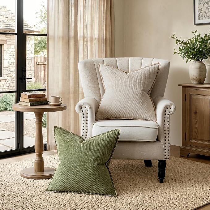 a moment Pack of 2 Decorative Chenille Throw Pillow Covers with Twill Cushion Covers for Sofa Living Room Couch Bed 18x18 Inch,Crafted Border Beige