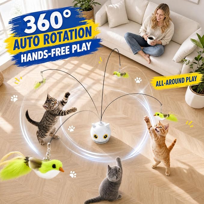 CATPICK Interactive Cat Toy for Indoor Cats, Automatic Flying Bird Toy | Rechargeable 360-degree flying bird wand with 2 speeds, touch restart, 10-minute play cycle, and washable sticky base