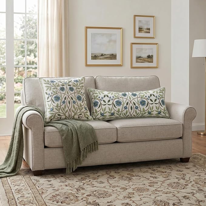 Designer Vintage Linen Throw Pillow Cover,28"x12"-Mosella A | French Elegant Rectangle Decor Pillow Cover,Concealed Zipper Design,Floral Pattern,Sofa,Bedroom,Living Room,Lounge Chairs