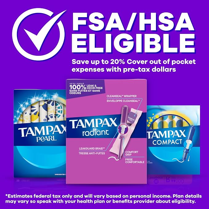 Tampax Radiant Tampons for Women, with LeakGuard Braid, Super Absorbency, Unscented, 84 Count (3 Packs of 28), Packaging May Vary