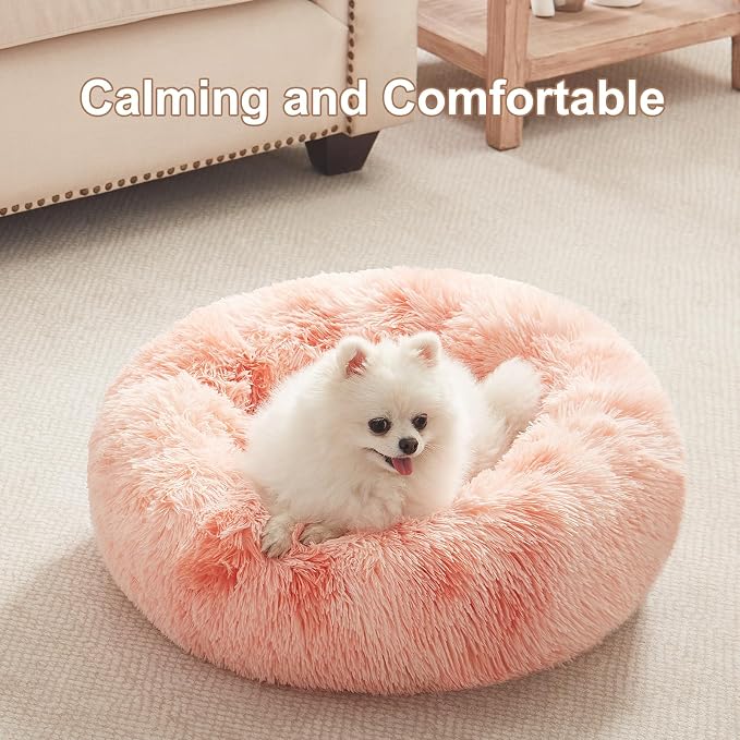 23 in Faux Fur Fluffy Donut Dog Bed for Small Dogs,Tie-dye Pink | Calming Plush Round Puppy Pet Bed with Removable & Washable Cover,Fits up to 25 lbs Pets