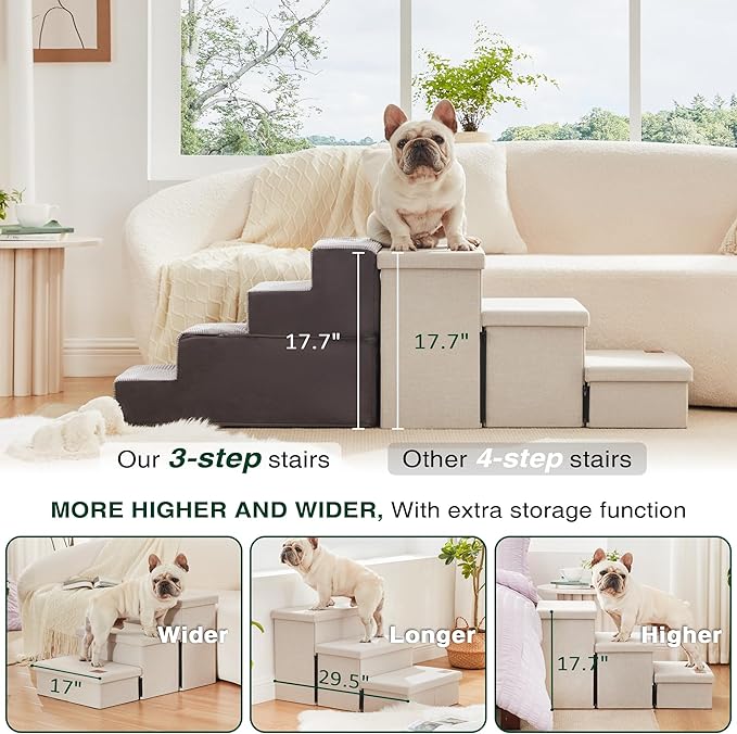 Love's cabin Dog Stairs for High Bed, Foldable Pet Stairs for Small Medium or Large Dogs Puppy with Storage for Bed or Couch, Cat Dog Steps Ramp with Zip up to 200 lbs, Beige, 3 Steps